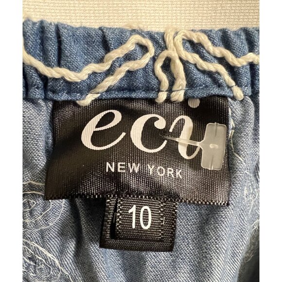 eci NY Embroider Denim Blue Jean Mini Dress Size 10 Round Neck Ruffled Cute - Picture 8 of 10